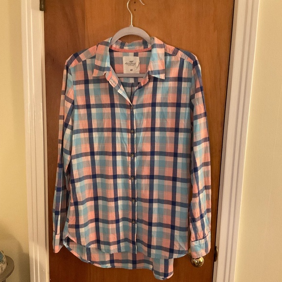 H&M LOGG Women’s Sz 14 Pink Blue Long Sleeve Plaid Button Up Shirt - Picture 1 of 10